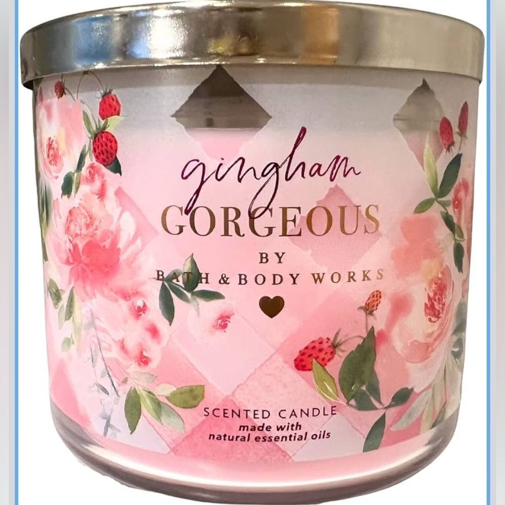 Bath & Body Works 3 Wick Scented Candle Gingham Gorgeous strawberry peach 14.5